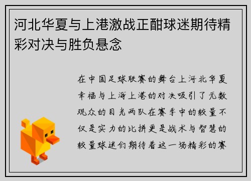河北华夏与上港激战正酣球迷期待精彩对决与胜负悬念