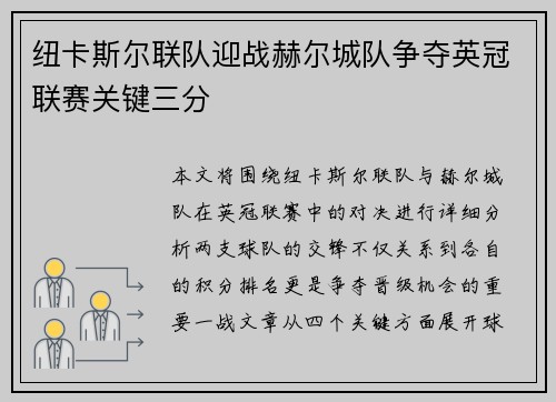 纽卡斯尔联队迎战赫尔城队争夺英冠联赛关键三分